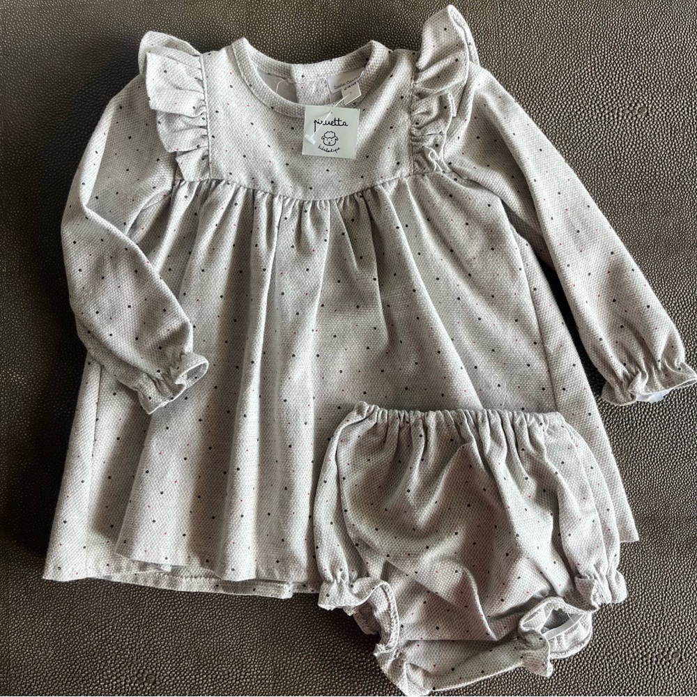 NWT Doña Carmen Grey Polka-Dot Dress & Bloomer Set (24 months)
